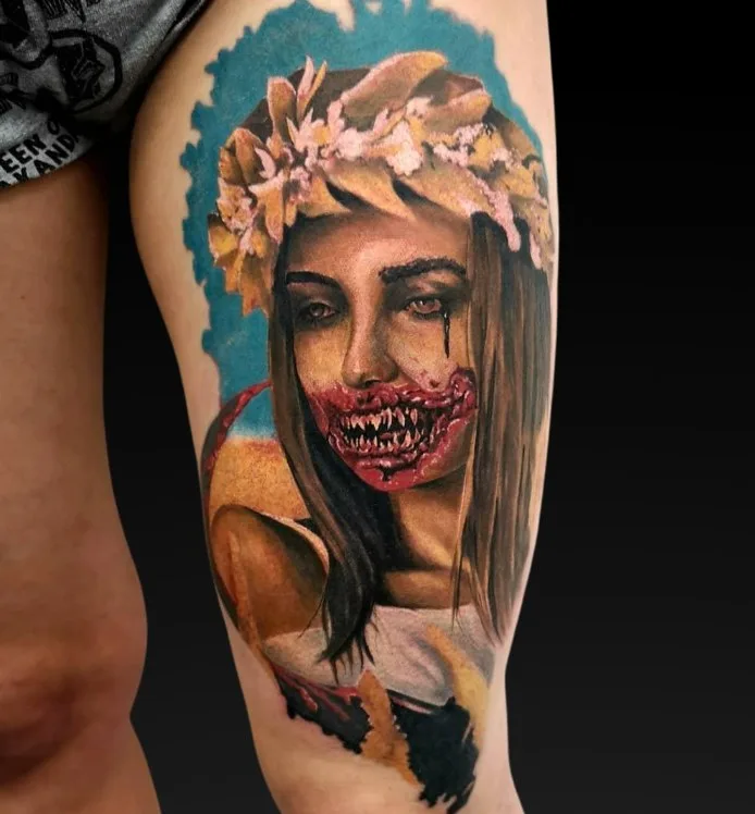 Tatuaż zombie kobiety z wieńcem kwiatów